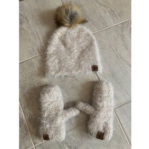 Tan fuzzy knit hat with matching mittens